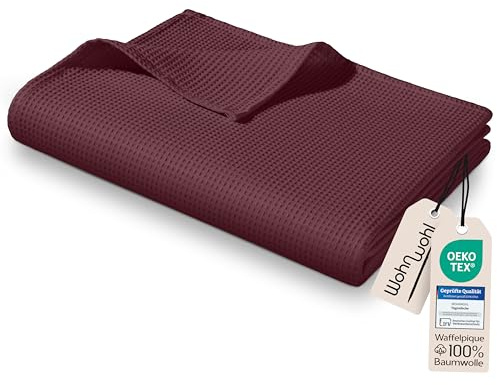 WOHNWOHL® Coperta leggera in cotone waffle piqué (150x200 cm) • Plaid estivo 100% cotone • Coperta da divano leggera • Facile da lavare • Copriletto decorativo • Colore: Mogano