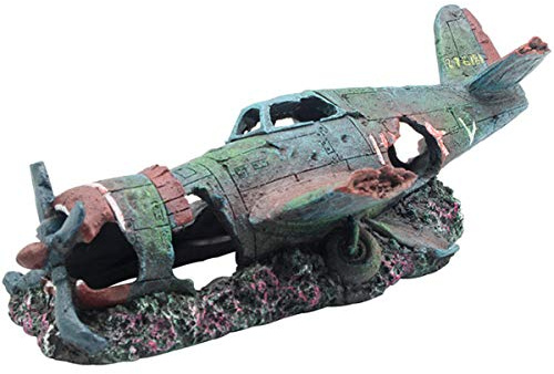 S-Lifeeling Fish Tank Decoration Fighter Vintage Airplane Ruins Submarine Landscape Fish Shrimp Shelter Cave Hideout Resin Aquarium Decor Turtle Tank Decoration