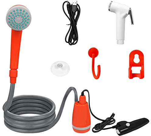UISEBRT Campingdusche mit Pumpe Akku - Tragbare Camping Dusche Outdoor mit Wiederaufladbarer Tauchpumpe Handbrause, USB-Ladekabel, für Garten Strand Camping Reisen Autowäsche Hundedusche, 2200mAh