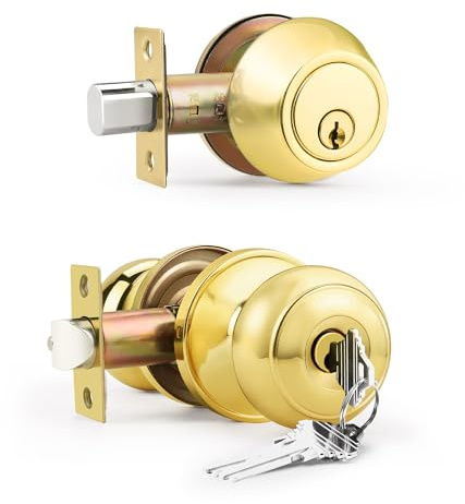 Brotima 1 Pack Keyed Alike Front Door Knob and Deadbolt Set, Entry Door Locksets with Single Cylinder Deadbolt, Polished Brass Flat Round Door Lock Set for Bedroom/Office/Exterior Doors