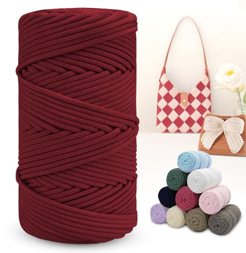 LEREATI Polyester Garn 150m Makramee Garn 4mm Geflochten Polyester-Seil Farbig Häkelgarn, Macrame Cord 4mm für Häkeltasche Umhängetasche Handtasche Geschenk Strickwaren (Weinrot)