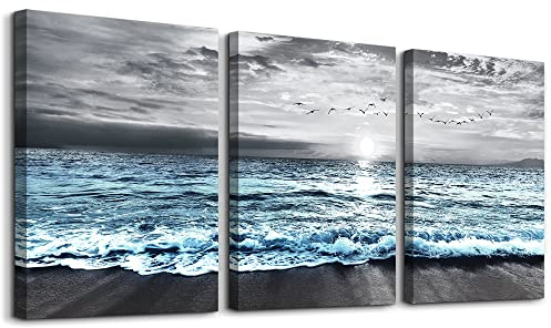 MHARTK66 Playa Gris Azul Paisaje Amanecer Bandada de pájaros Cuadro en lienzo, Cuadros Decoracion Salon Modernos Mar Océano Decoracion Dormitorios Comedor Oficina Pasillo Cocina y Baño