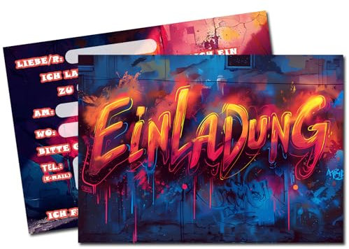Vielucks 15 x Original Graffiti Einladungskarten - DIN A6,Einladungskarten Kindergeburtstag Junge Mädchen,Geburtstagseinladungen,Partyeinladungen,Einschulung Einladungskarten,Party deko (Dunkel)