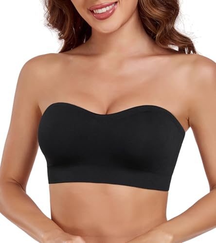 Lemorosy Women's Strapless Bra Padded Wirefree Seamless Adjustable Supportive Bandeau Tube Bra(Black,M)