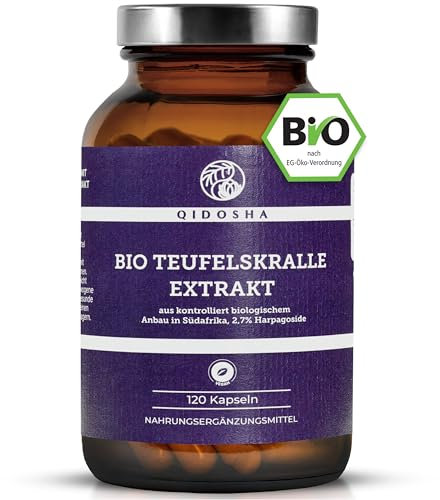 QIDOSHA® Bio Teufelskralle Extrakt Kapseln, 120 Kapseln im Apothekerglas, Rohmaterial in Bio-Qualität aus Südafrika, deutsche Fertigung, jede Charge laborgeprüft