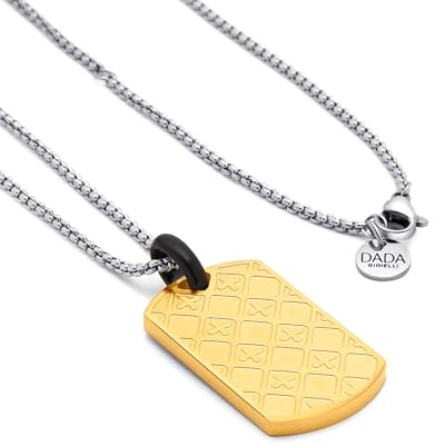 Dada Gioielli - Halsband för män med hundtagg, hängsmycke i rostfritt stål, diamantmönster design, kedja 45 + 5 cm, guld, rosa och svart silver, Unica, Rostfritt stål, Ingen ädelsten