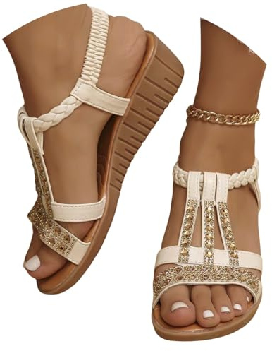 DFSDJEUW lady sandal sale Womens Sandals Wide Fit Comfortable Slip on Wedge Shoes Casual Open Toe Orthopedic Slide Lightweight Summer Cushion Plantar Fasciitis flat sandals for women size 5 Beige 5