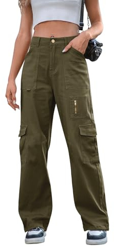 IVIR Cargo Pants Women High Waist Wide Leg Casual Pants with 7 Pockets Stretchy Drawstring Baggy Y2K Trousers Army Green M
