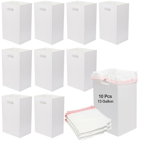 DIICCYO 10 Pcs Cardboard Portable Garbage Can with 20 Trash Bags, Disposeable Extra Large Trash Cans, 13 Gallon (21.6 H x 13.5 W x 10 D), Recycled Garbage Can and Reuseable Garbage Boxes, White