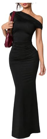 GORGLITTER Women's One Off Shoulder Fishtail Maxi Dresses Short Sleeve Ruched Bodycon Evening Dress Black Large