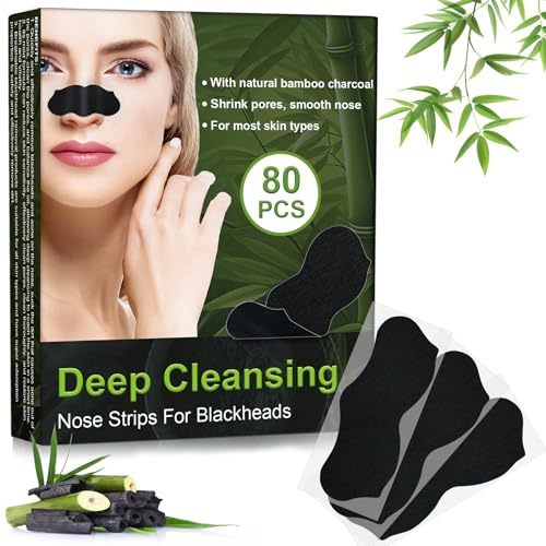 Holilo Mitesserentferner Stripes 80 Stück, Bambuskohle Mitesser Strips, Nose Strips Blackhead, Zum Entfernen von Mitessern und Zum Freimachen verstopfter Poren