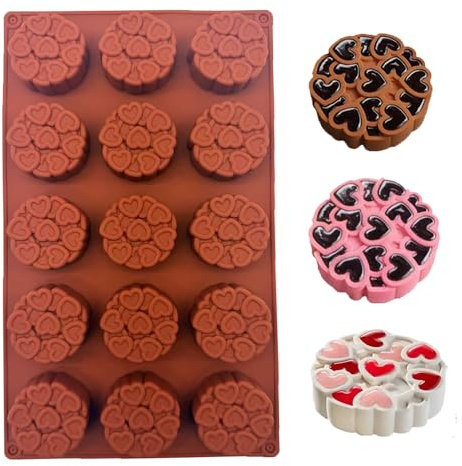 duoyif Molde redondo de chocolate con forma de corazón, 15 cavidades Ø 4,2 cm Molde cilíndrico de silicona redondo, Libre de BPA, Moldes para hornear chocolate tartar tartas praliné (corazón, 4.2cm)