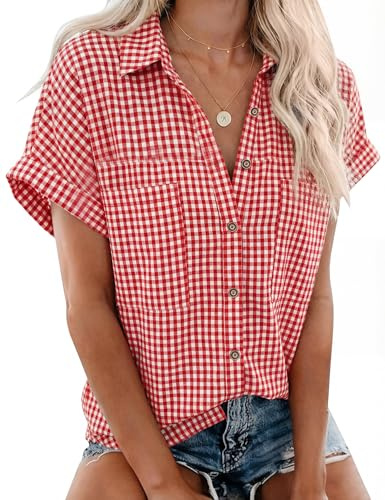 Rapbin Blusas de manga corta para mujer, cuello en V, con botones, con bolsillos, ligeras, informales, para el trabajo y las vacaciones, Cuadros rojos, M