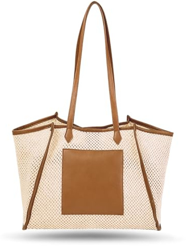 BSITSSS Sac de Plage Femme, Marron Sac Fourre Tout, Style Boho Sacs en Paille Cabas Pour Voyages Été Vacances Loisirs Plage Piscine Sport Shopping Quotidien Prendre des Photos