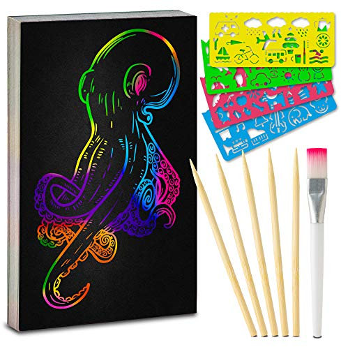 Tritart Kratzbilder Set für Kinder und Erwachsene I 45 Blatt I Regenbogen Kratzpapier zum Zeichnen und Basteln I mit Schablonenlinealen, Holzstiften, Stickern und Pinsel I A4 29,7 cm x 21cm