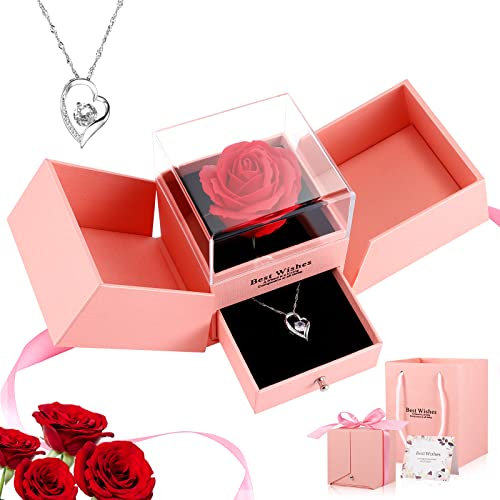 Forever Red Rose Jewelry Gift Box, Jewelry Box with hangbag, Card, Jewelry Box Gift Box Gift for Valentines Anniversary Birthday Mothers Day girlfriend gifts gift for her romantic gifts for her