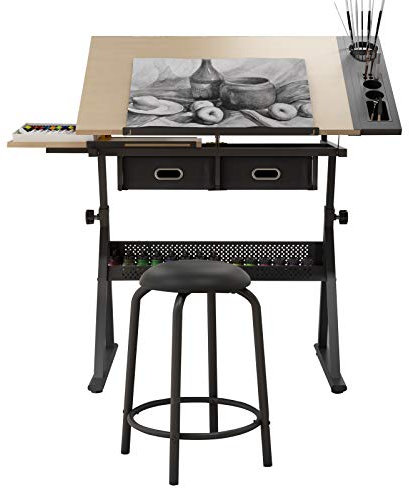 soges Table à Dessin Réglable en Hauteur de 70 à 86 cm Planche à Dessin Inclinable avec Tabouret, Tiroirs et Étagère de Rangement Bureau d'Ordinateur