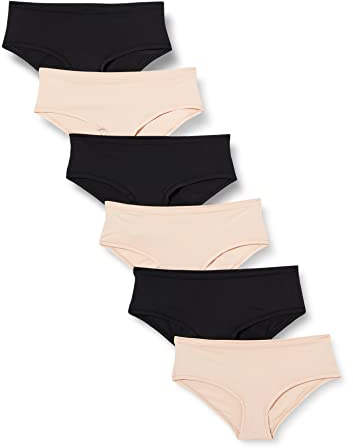 Amazon Essentials Biancheria Intima in Microfibra (Slip Hipster e Perizoma, Disponibile in Taglie Forti) Donna, Pacco da 6, Nero/Petalo Chiaro, 42