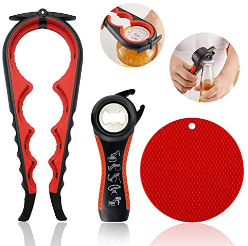 Jar Opener for Weak Hands, Easy Twist Jar Opener For Seniors with Arthritis, 5 in 1 Multi Function Bottle Opener Lid Opener For Arthritic Hands with Non Slip Rubber Jar Gripper Pad(3-piece set, Red)