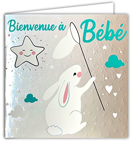 22112 Carte avec Enveloppe Carrée 15x15cm Bienvenue à BÉBÉ Garçon/Fille FÉLICITATIONS Naissance ou Adoption Ciel Argenté Brillant texturé Lapin Décrocher étoiles Rêves -Fabriqué en France Doré