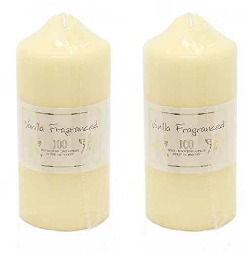 Set Of 2 Over-dipped Vanilla Fragranced Pillar Candle | 100 Hour Cream Wax Church Pillar Candle | Scented Decorative Votive Lantern Candle