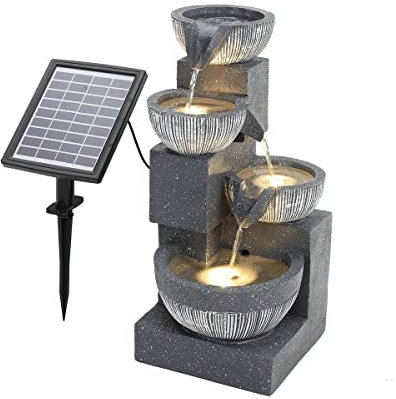 Fontaine d'eau de Jardin extérieure Fontaine d'eau extérieure à 4 Niveaux avec lumières LED Statue de Jardin Fontaines de Cascades sur Pied à énergie Solaire pour la Cour de la Maison