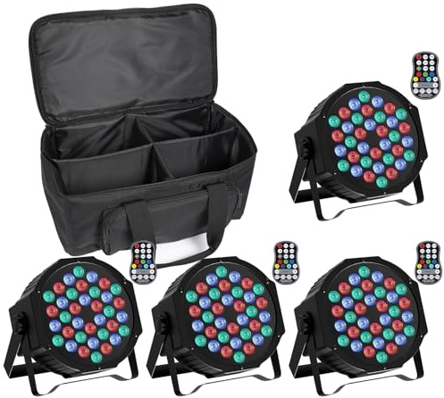 U`King 4 st RGB LED-batteri med väska, trådlöst 36 LED-scenlampa med fjärrkontroll, uppladdningsbar kvällsbelysning i 7 belysningslägen för DJ disco barer, DJ-konserter, halloween, jul