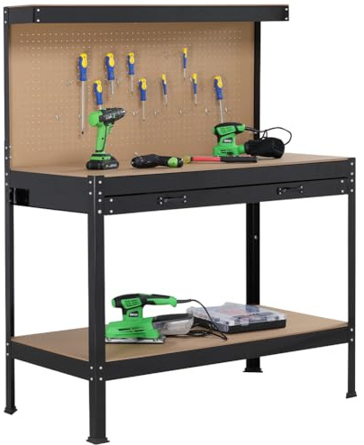 Bakaji Banco da Lavoro Officina Porta Utensili Bancone Struttura in Metallo Piani in Legno MDF con Parete Ganci Portattrezzi Cassetto e Ripiani Colore Nero Dimensione Tavolo 90 x 48 x 140 cm