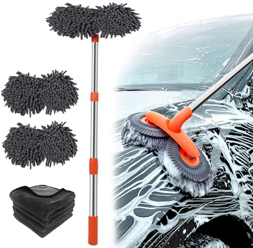 Autowaschbürste mit Doppelter Bürstenkopf, 360° Drehung Teleskop Waschbürste Set mit 4 cm Microfaser Auto Waschbürstenüberzug ×3, Mikrofasertücher, für Auto, Van, Trucks, Caravan