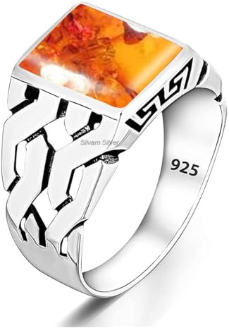 Amber Solid 925 Sterling Silver Rectangle Shape Gemstone Men Signet Rings, Beautiful Handcrafted Anniversary, Christmas Gift for Fathers, Son, Boyfriend, Friend (US Ring size 9)