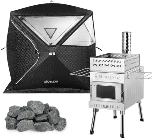 WILLOWYBE Set de Sauna Exterior Portátil Tienda de Sauna, Estufa de Leña para Sauna, Piedras de Sauna para Sauna Seca, Ideal para Cocinar con Familia y Amigos.