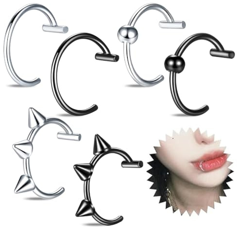 JEYORZY 6 Piezas Anillo de Labios, Pendiente, Anillo de Nariz, Piercing Nariz, Tragus Piercing, Perforación del Labio, Piercing Labio Inferior, Septum Piercing