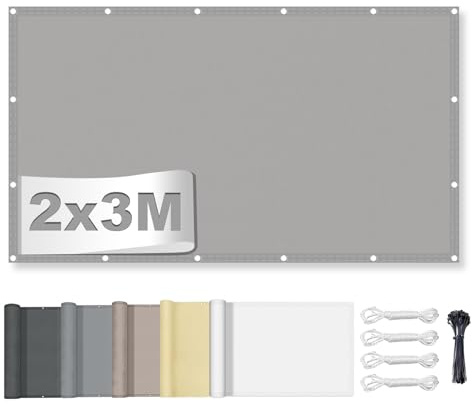 Sonnensegel Wasserdicht Rechteckig mit Ösen 2x3M, Markisenstoff 95% UV Schutz, Sonnenschutz Markise Reißfest Wetterfest mit Seil, für Balkon Terrasse Garten, Hellgrau