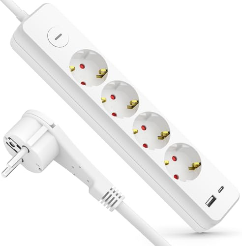 4-Fach Steckdosenleiste 3m, 6 in 1 Mehrfachsteckdosen mit Überspannungsschutz, weiße Steckdose 4-Fach, Mehrfachsteckdosen mit USB-C für Handy iPad, 4er Steckdosenleiste mit Schalter für Büro Zuhause