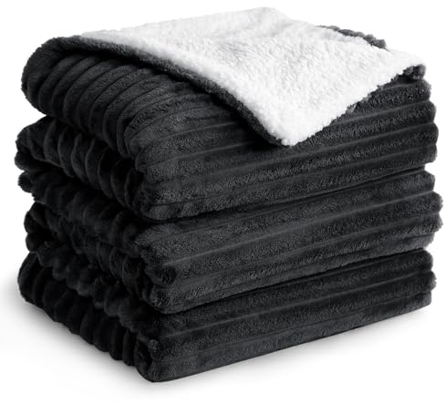 Aisbo Dicke Cord Sherpa Decke Schwarz - Warme Kuscheldecke Flauschig 220x240 XXL Winter Plüsch Kuscheldecken als Sofadecke Couchdecke Große Überwurf Wohndecke