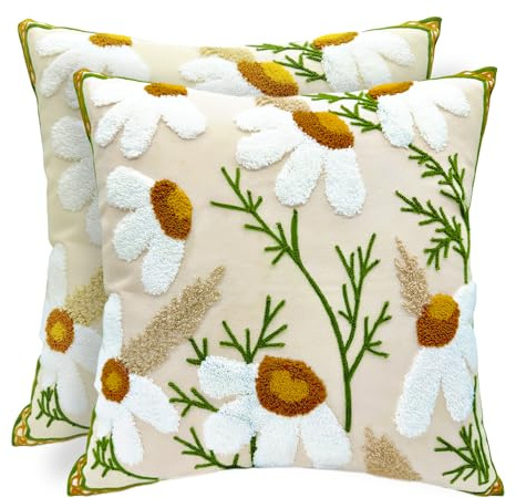 Alysheer Floral Embroidered Fall Decorative Throw Pillow Covers 18x 18 Set of 2, Farmhouse Daisy Flowers Patterned Canvas Cushion Cases for Couch Bed Living Room Decor