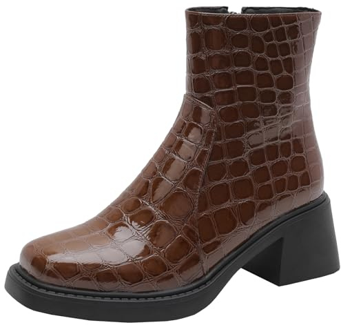 BULVJ Botines para mujer con tacón en bloque Cremallera lateral Botines Sencillo Liso, marrón, 40 EU