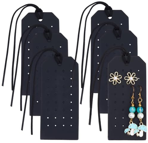 CALFOVERA 6Pcs Portable PU Leather Earring Holders 11 x 5cm Earring Organizer Hanging Case 32 Holes Rectangle with Cord Stud Display Cards for Women Travel Jewlery Storage (Black)