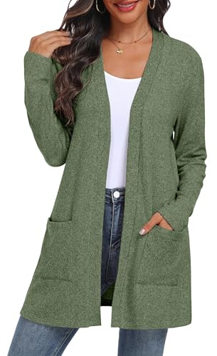 QIXING Women's Cardigan Open Front Lightweight Long Sleeve Casual Sweater Cardigan with Pockets for Autumn Winter (Moss Green, M)
