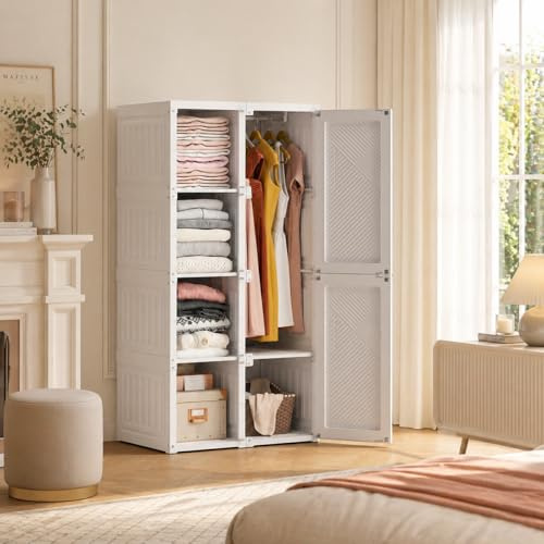 QLTXYHML Armoire de Chambre, Blanche 2 Portes avec penderie et étagères, Garde-Robe Multifonction, Meuble de Rangement vêtements pour Chambre, entrée ou Dressing
