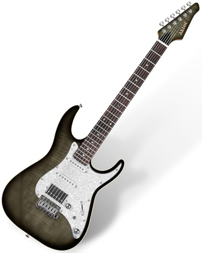 AKLOT Solid Body Electric Guitar - Flame Maple Top, HSS Alnico V Pickups with Coil-Split, Roasted Maple Neck, Locking Tuners, Veltrix Series, Obsidian Black