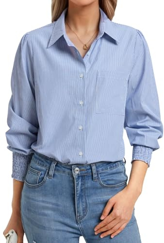 Enmain Blue Shirt Women Striped Button Down Casual Ladies Blouses Long Sleeve V Neck Shirts for Women UK Puff Sleeves Business Pinstripes with Pocket Work Office, L