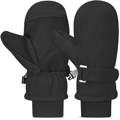 HZHSGLY Kids Ski Gloves, Kids Ski Mittens Winter Warm Waterproof Anti Slip Adjustable Wristband Snow Mittens for Skiing Snowboarding Winter Outdoor Sport (Black, 4-8 Years)