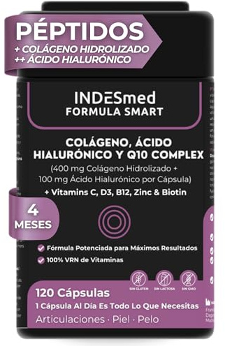 INDESmed FORMULA SMART-Colágeno Hidrolizado con Ácido Hialurónico (100mg) | Con Vitamina C, Zinc, Biotina y Q10 | Para Piel, Cabello, Uñas, Articulaciones y Cartílagos | 120 Cápsulas