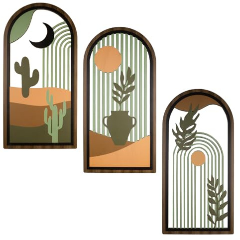 YunBey Set di 3 Decorazioni Murali Boho ad Arco, 40x20 cm Verde Salvia in Legno con Cactus Sole Luna Pianta, Decorazione Murale Minimalista Mid Century Moderna per Soggiorno e Camera da Letto