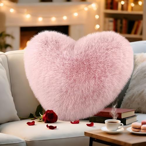 Herzkissen Kuschelkissen Flauschig, Herzform Kissen, Plüsch Kissen Herzform, Love Zierkissen Aesthetic, Herzkissen Geschenk für Wohnzimmer Sofa, Schlafzimmer Bett (Langflor - Hellrosa, 30 x 40 cm)