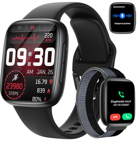 Smartwatch Damen Herren, 1,85″ AMOLED Touchscreen, Fitness Tracker mit Bluetooth Anrufen & KI, Herzfrequenz, SpO2, Schlaf- & Frauenzyklus-Tracking, 100+ Sportmodi, 3ATM Wasserdicht für iOS & Android