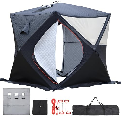 Isolerat isfisketält för 3–4 personer – bastutält med dubbla lager med golv/isfiskematta, uppgraderad högtempererad skorstenspis, 2 dörrar 3 TPU stora fönster, bärbart vintercampingskydd