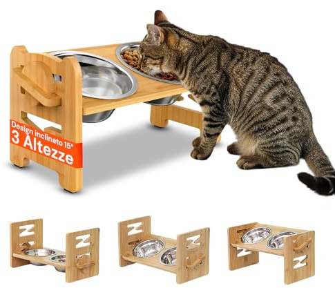 Avilia – 2 Ciotole 250ml Cane e Gatto in Acciaio Inox con Supporto in Bambù Regolabile, Struttura Inclinata 15°, 3 Livelli di Altezza, Ideali per Cibo e Acqua, Design Ergonomico e Stabile