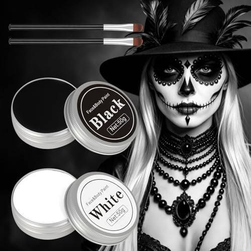 AYBUY Kroppsfärger svart och vit, med 2 penslar, halloween, teatersmink, professionell ansiktsfärger, barnsminksset, ansiktsmålning och bodypaint färger, barn, vuxna för karneval, 100 g